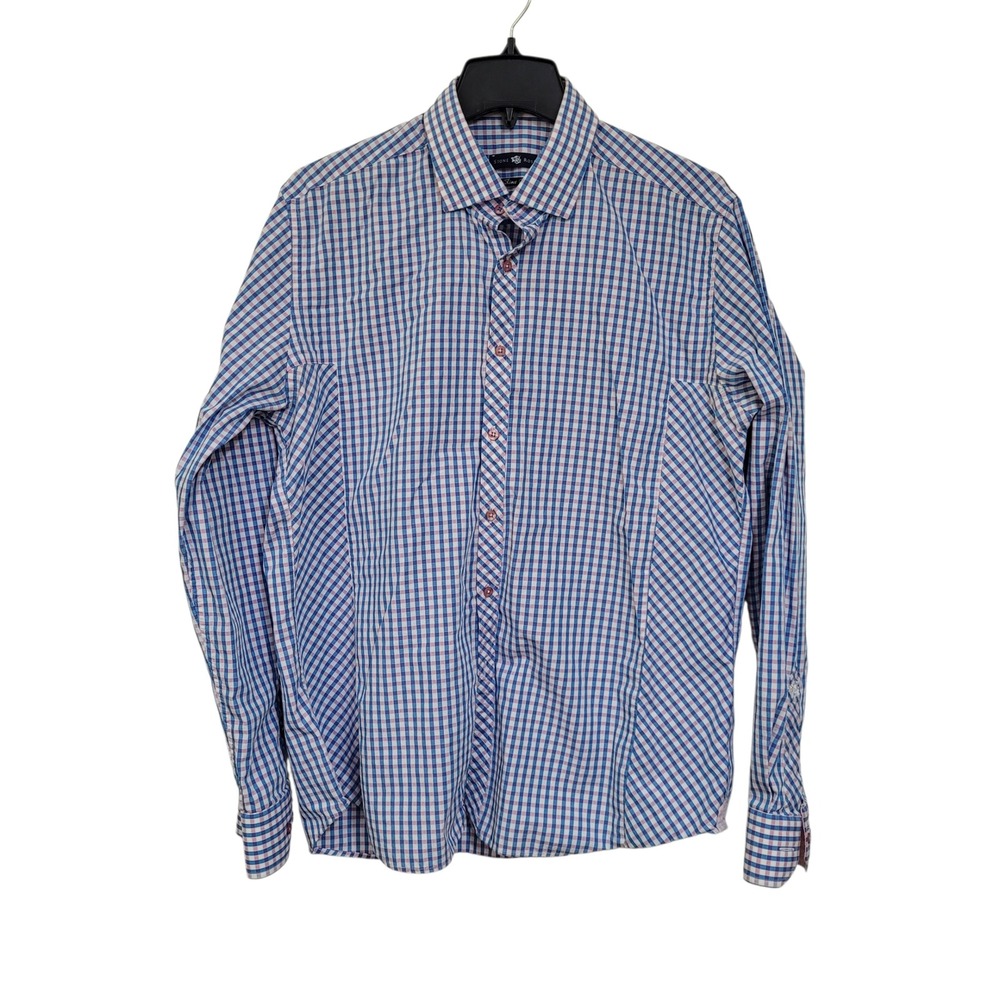 Stone Rose Black Rivet Mens Blue Pink Gingham Cotton Button Down Shirt Size 5 XL
